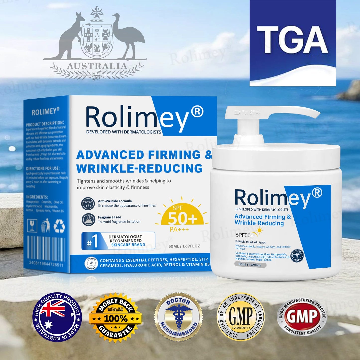 ✨✨💧(Wyprodukowane i wysyłane z Australii)✨Rolimey® Zaawansowany krem ujędrniający i redukujący zmarszczki (z filtrem SPF 50+)✨OSTATNI DZIEŃ 60% RABATU